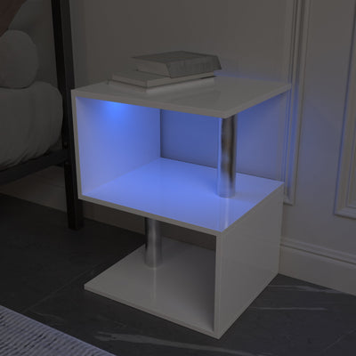 3-layer S-shaped coffee table, high gloss side table with open storage rack and USB power supply, white LED coffee table - Korvel