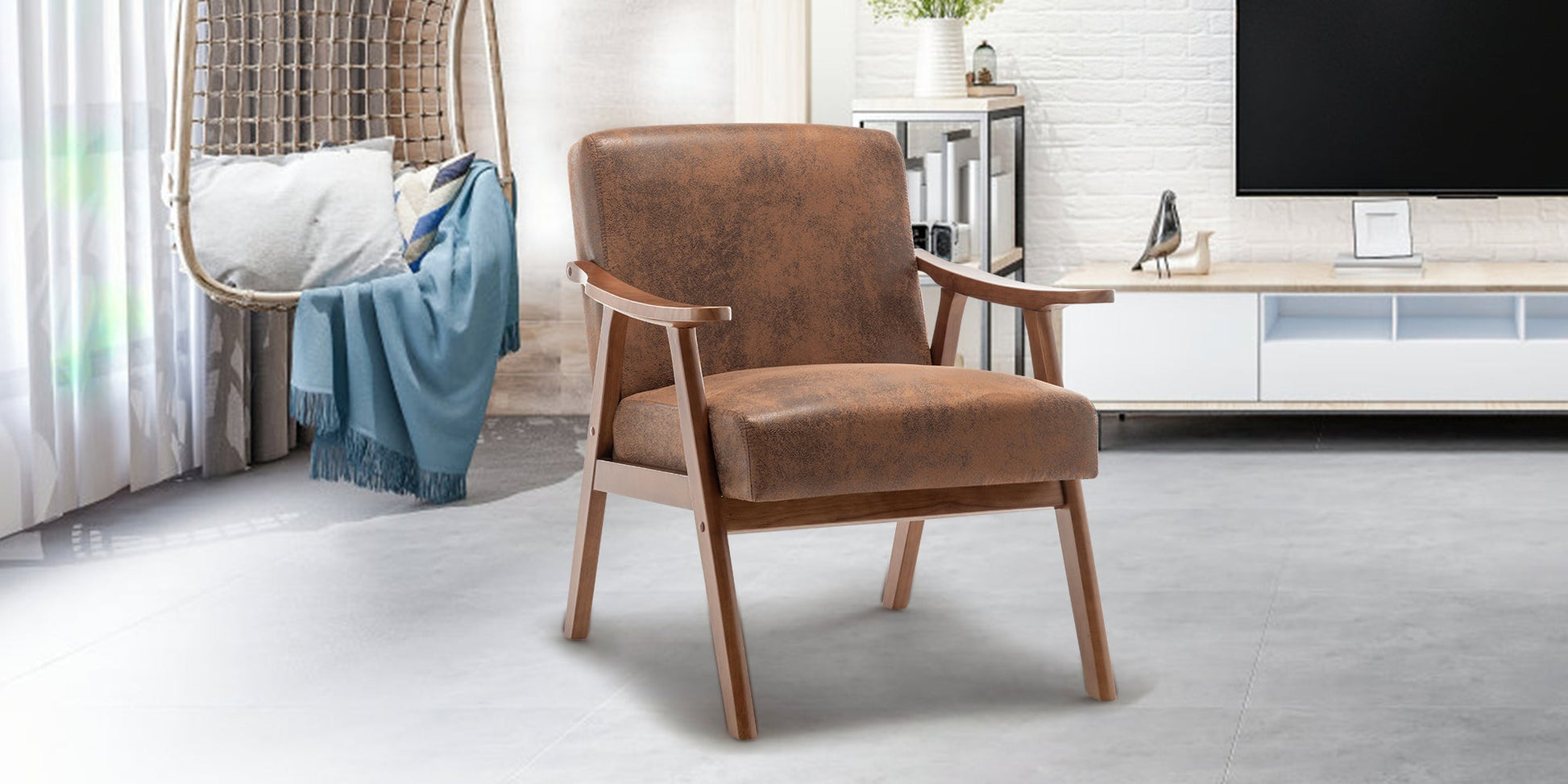 Medieval modern chair, solid wood frame living room chair, accent chair with ultra thick backrest - Korvel