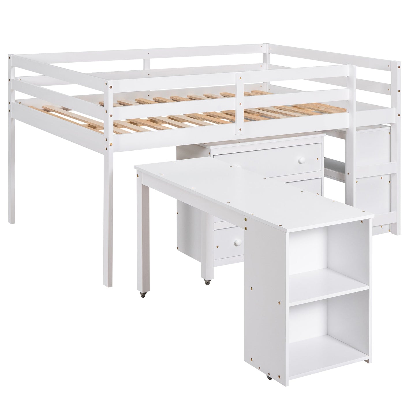 Low Study Full Loft Bed with Cabinet Shelves and Rolling Portable Desk Multiple Functions Bed- White - Korvel