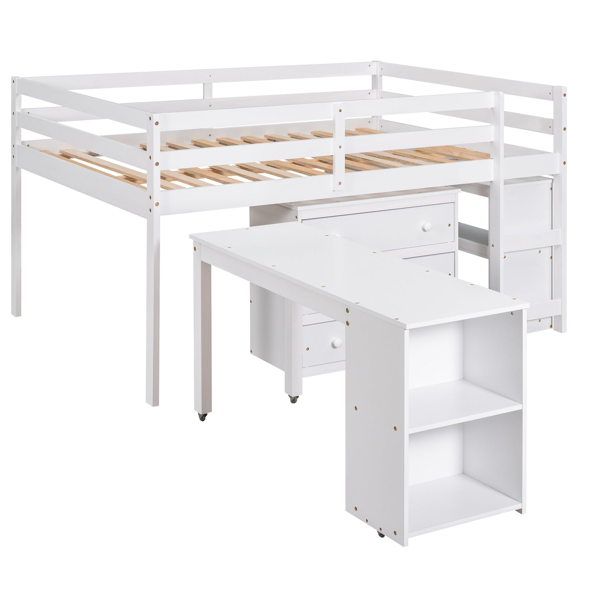 Low Study Full Loft Bed with Cabinet Shelves and Rolling Portable Desk Multiple Functions Bed- White - Korvel