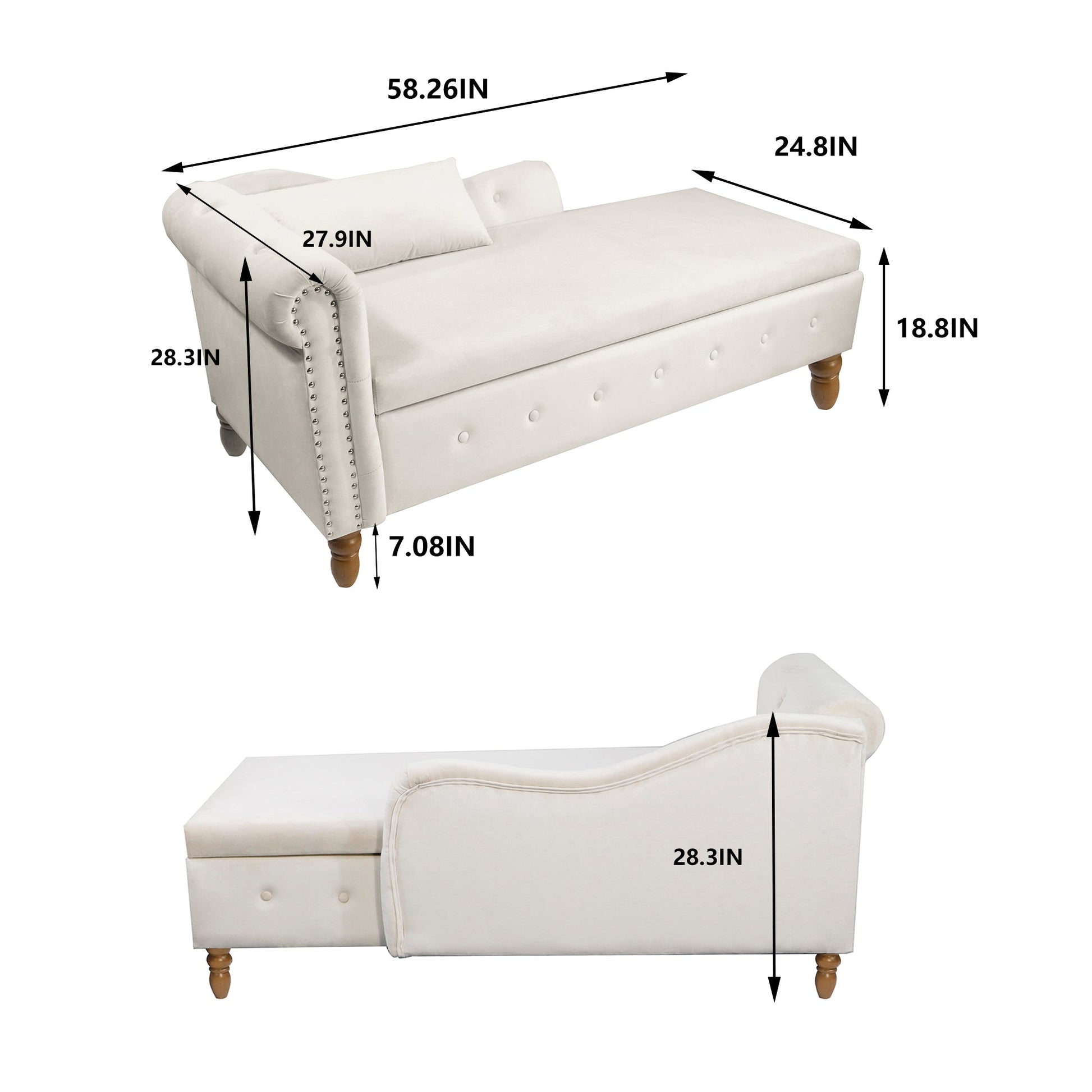 Beige Chaise Lounge Indoor Velvet Lounge Chair for Bedroom with Storage & Pillow Modern Upholstered Rolled Arm Chase Lounge - Korvel