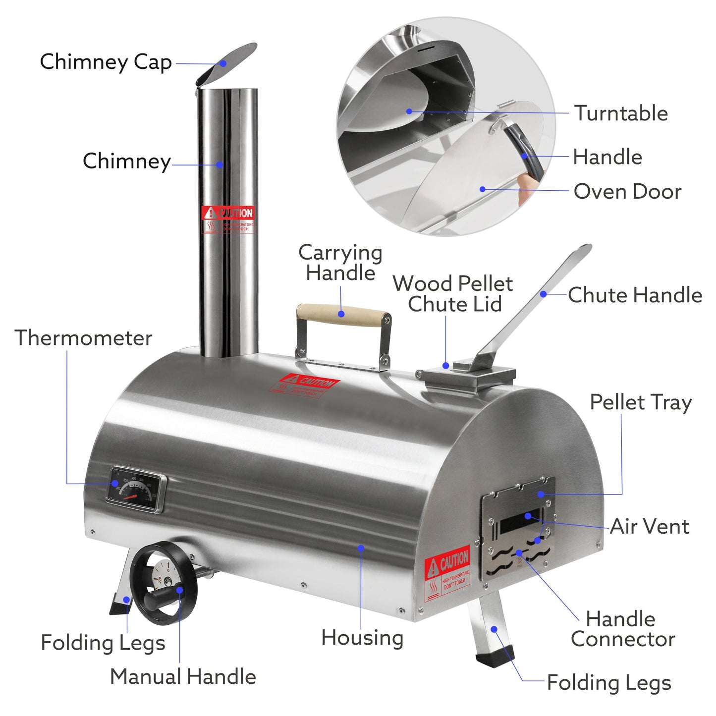 Silver Pizza Oven Outdoor 12" Semi-Automatic Rotatable Pizza Ovens Portable Stainless Steel - Korvel