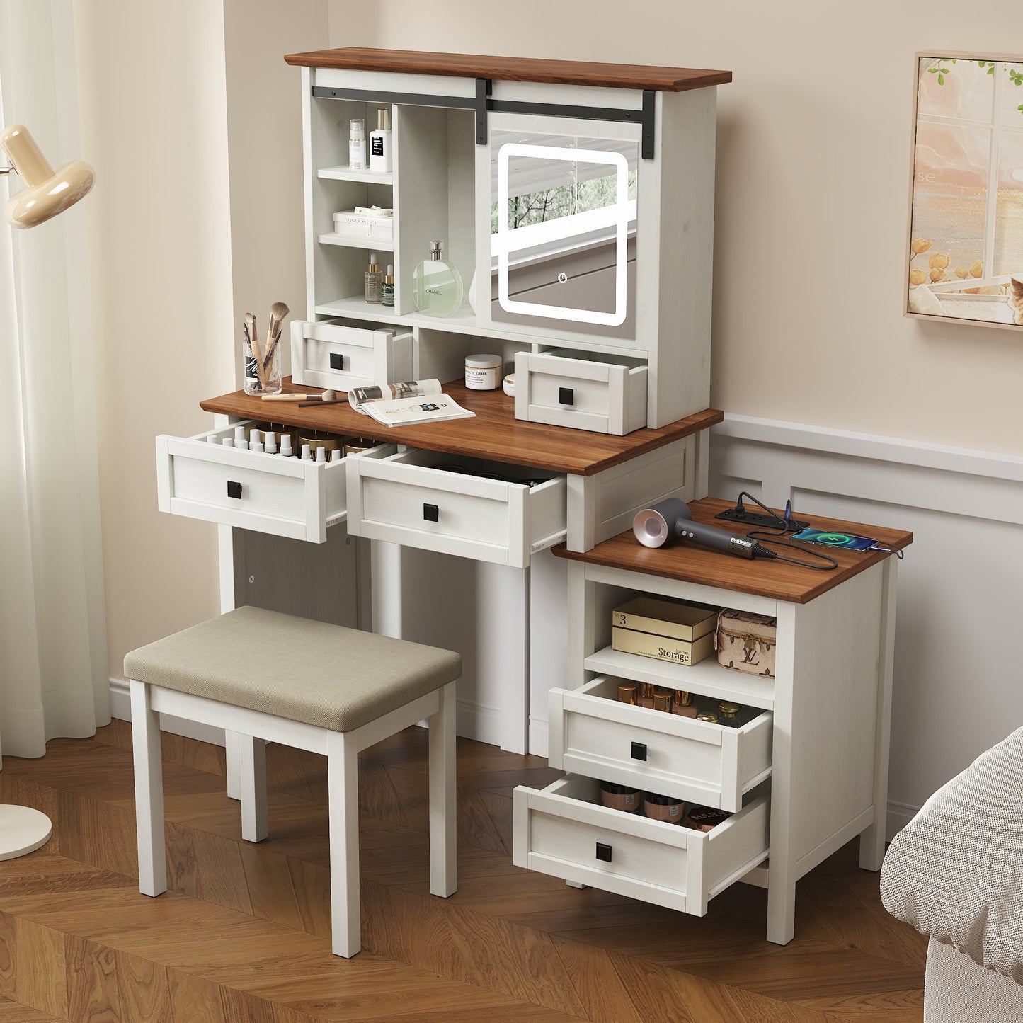 46.5-inch dressing table with adjustable LED lighting mirror and charging station, equipped with soft cushioned stool - Korvel