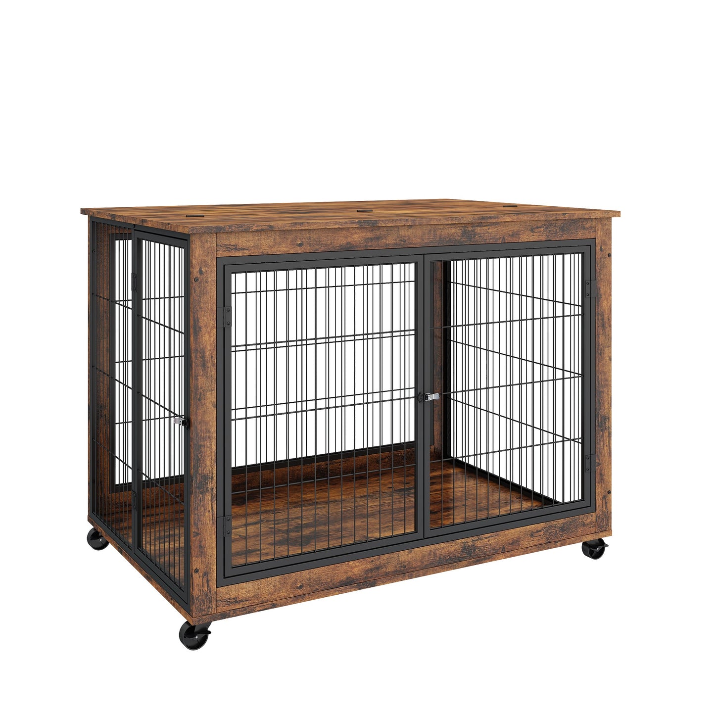 Rustic Brown Furniture Style Dog Crate Side Table on Wheels