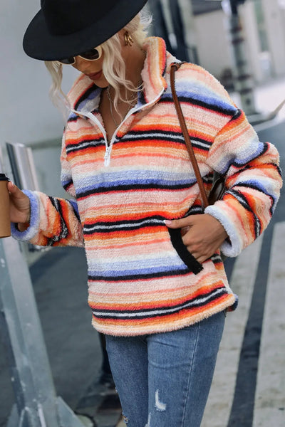 Sweatshirt à col zippé rayé avec épaules tombantes