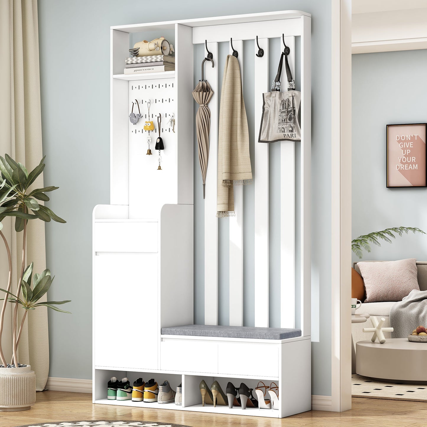 39.3'W70.8'H multifunctional corridor shoe cabinet with soft padded nail board and white clothes hanger with entrance hook - Korvel