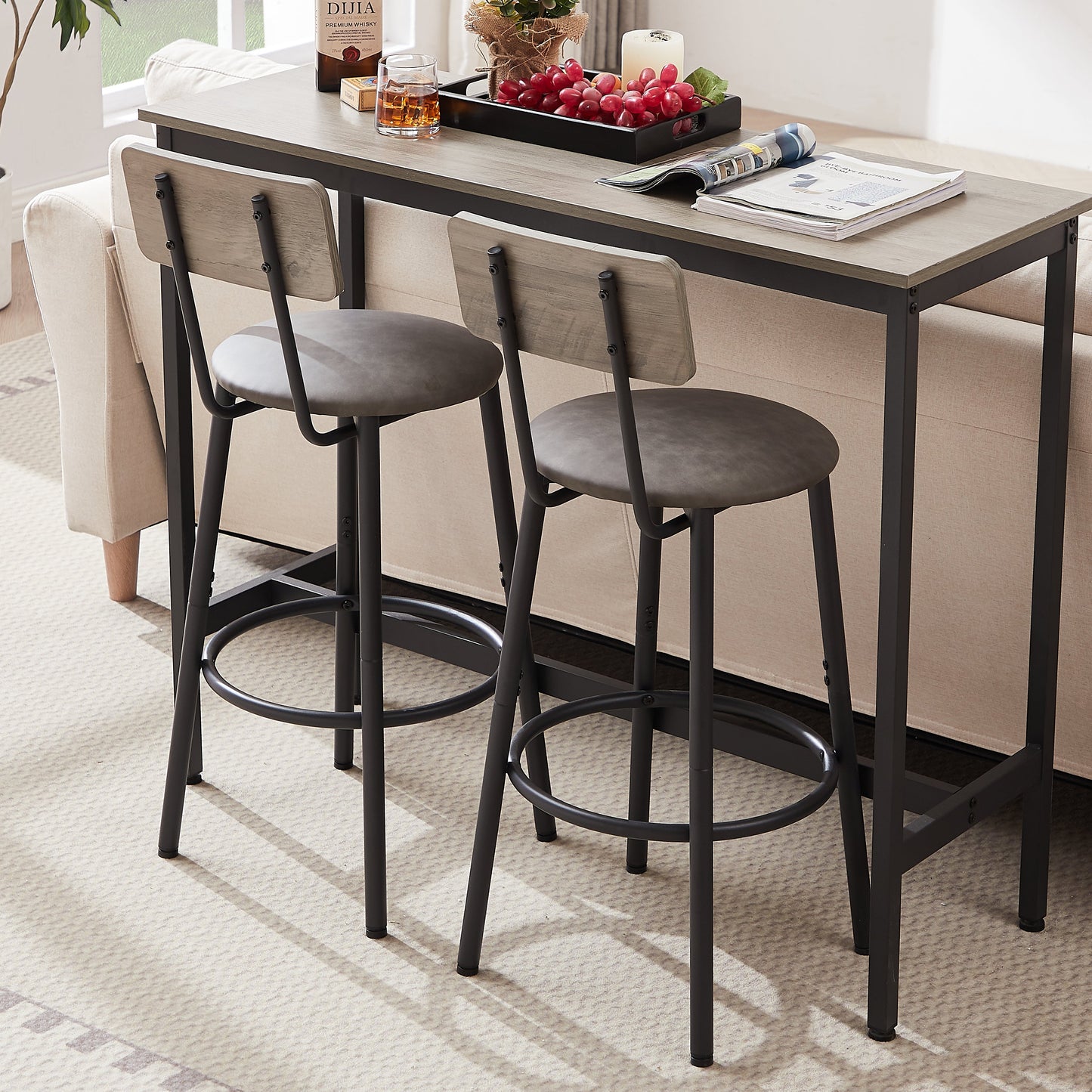Stylish Grey Bar Table Set with Soft PU Seats and Backrests