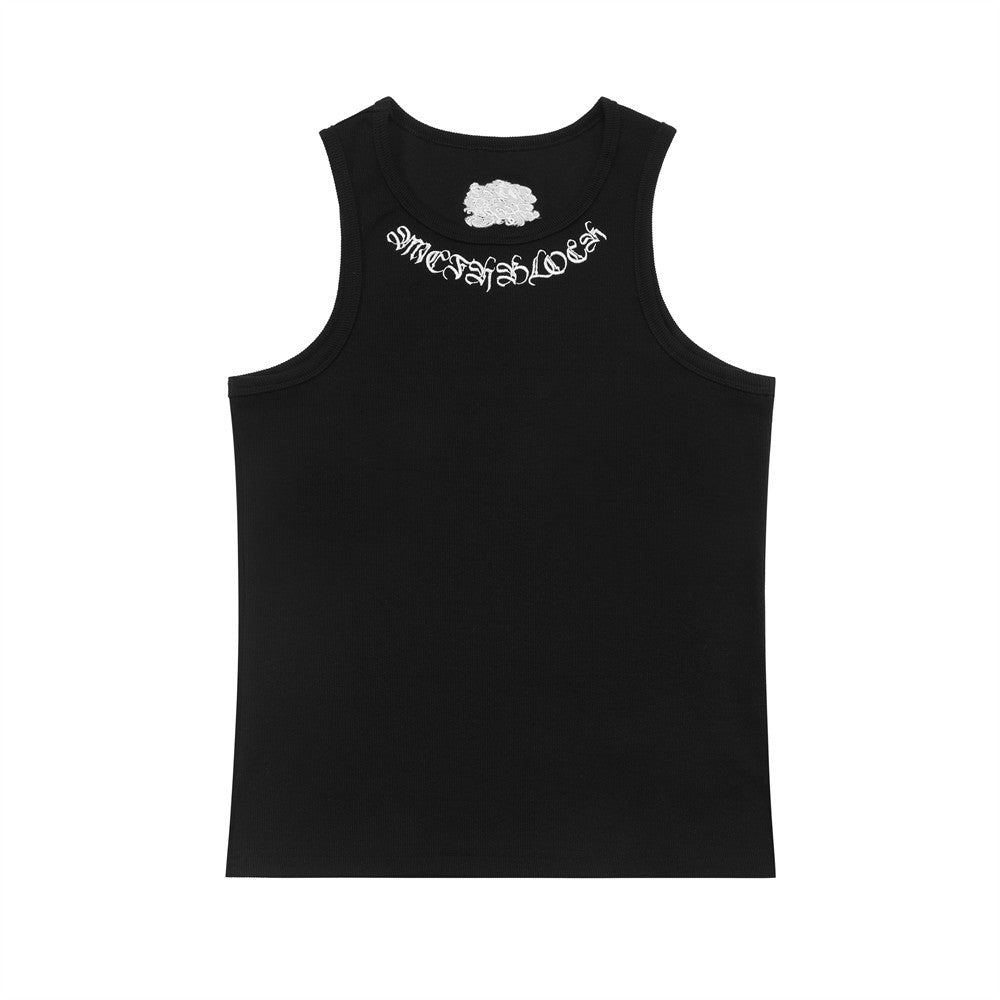 Camiseta sin mangas de ribete con bordado de letras góticas para hombres