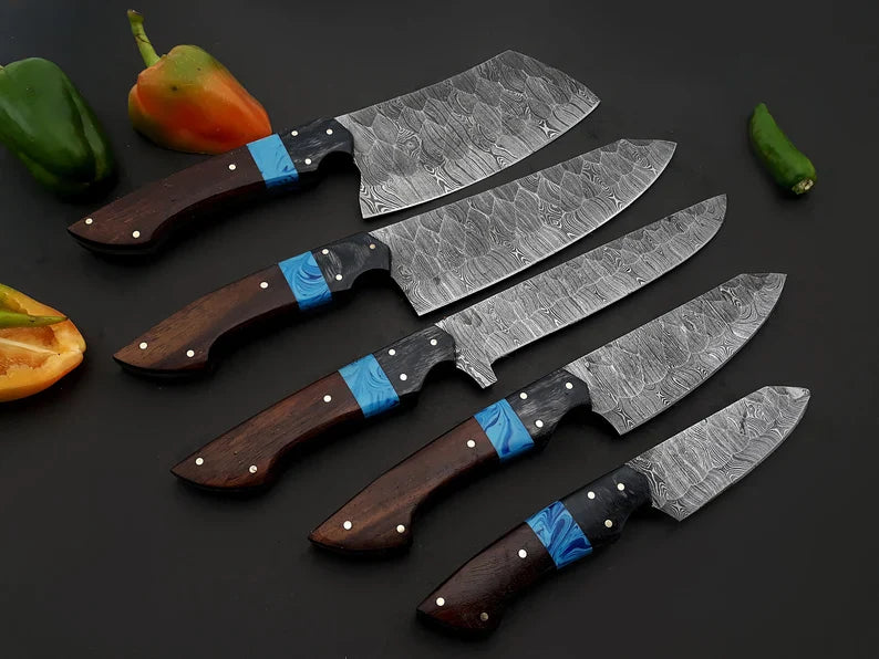 Premium Handmade Damascus Chef Knife Set – 13" Wenge Resin Handle with Leather Sheath - Korvel