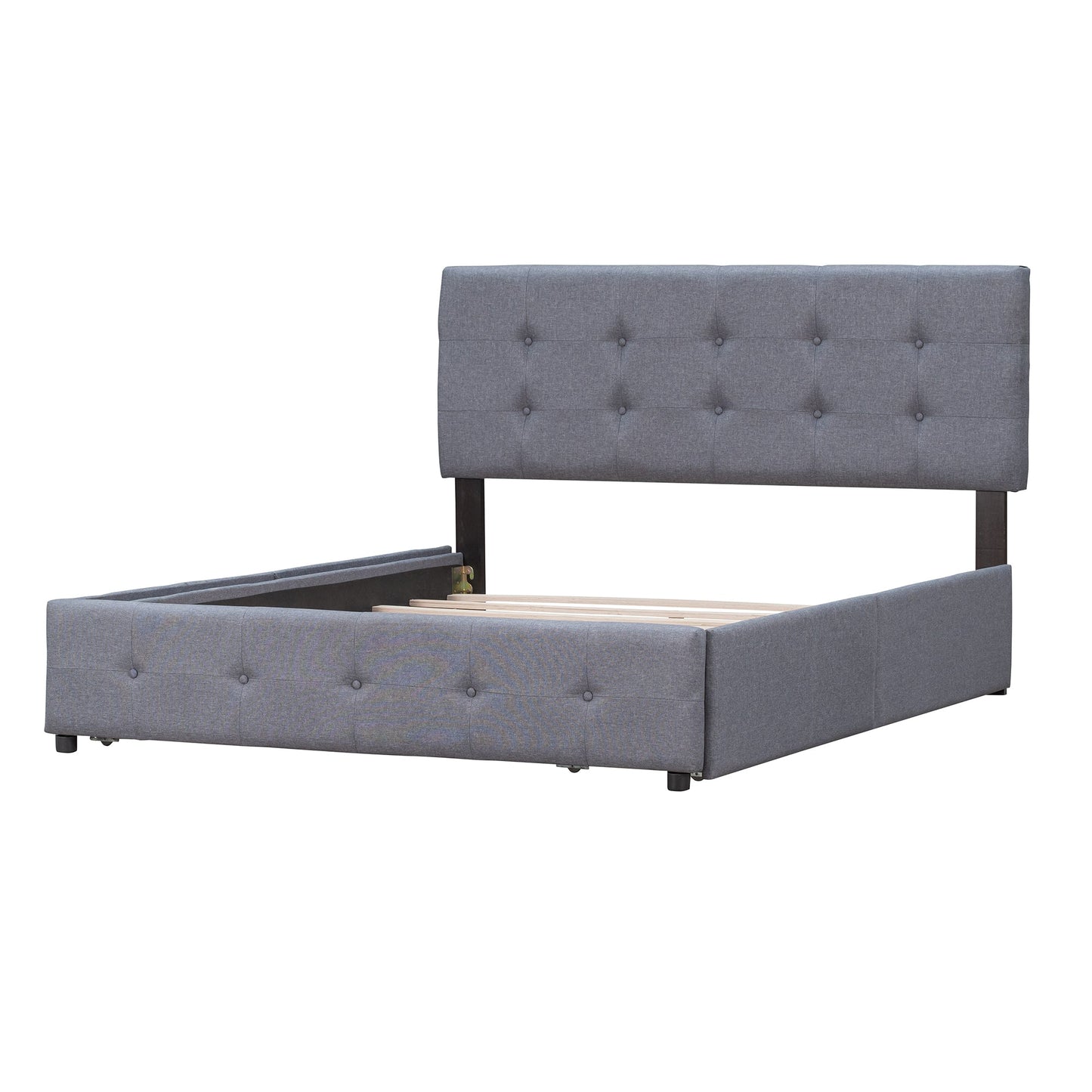 Upholstered Platform Bed with Classic Headboard and 4 Drawers No Box Spring Needed Linen Fabric Queen Size Dark gray - Korvel