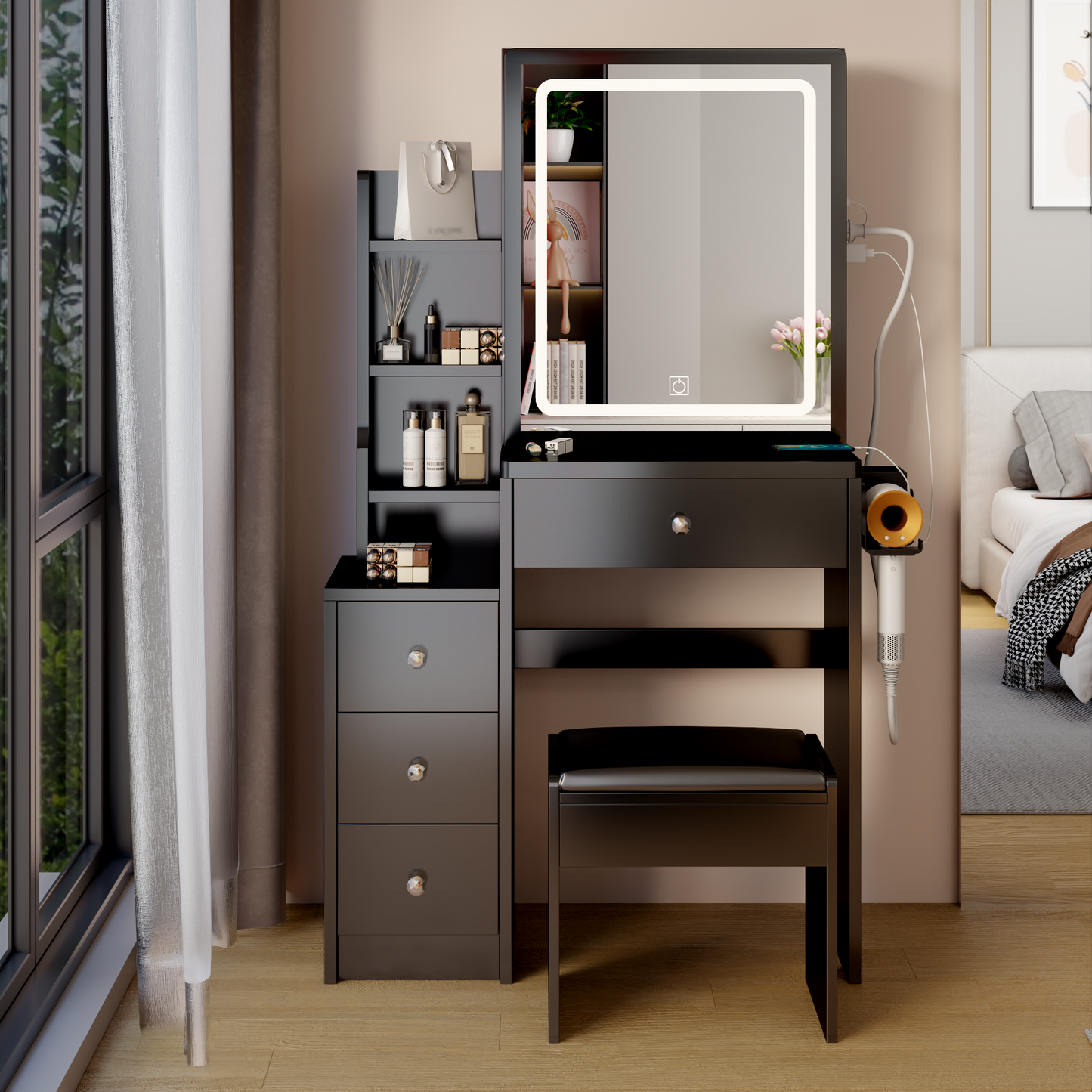 Elegant Dressing Table with Cushioned Stool and LED Mirror