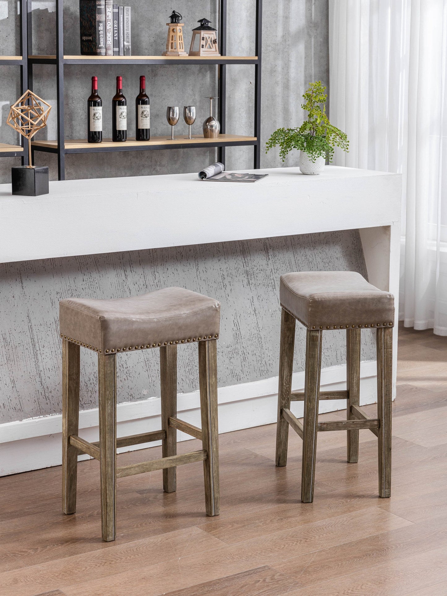 Counter Height 29" Bar Stools for Kitchen Counter Backless Faux Leather Stools Farmhouse Island Chairs (29 Inch Gray Set of 2) - Korvel