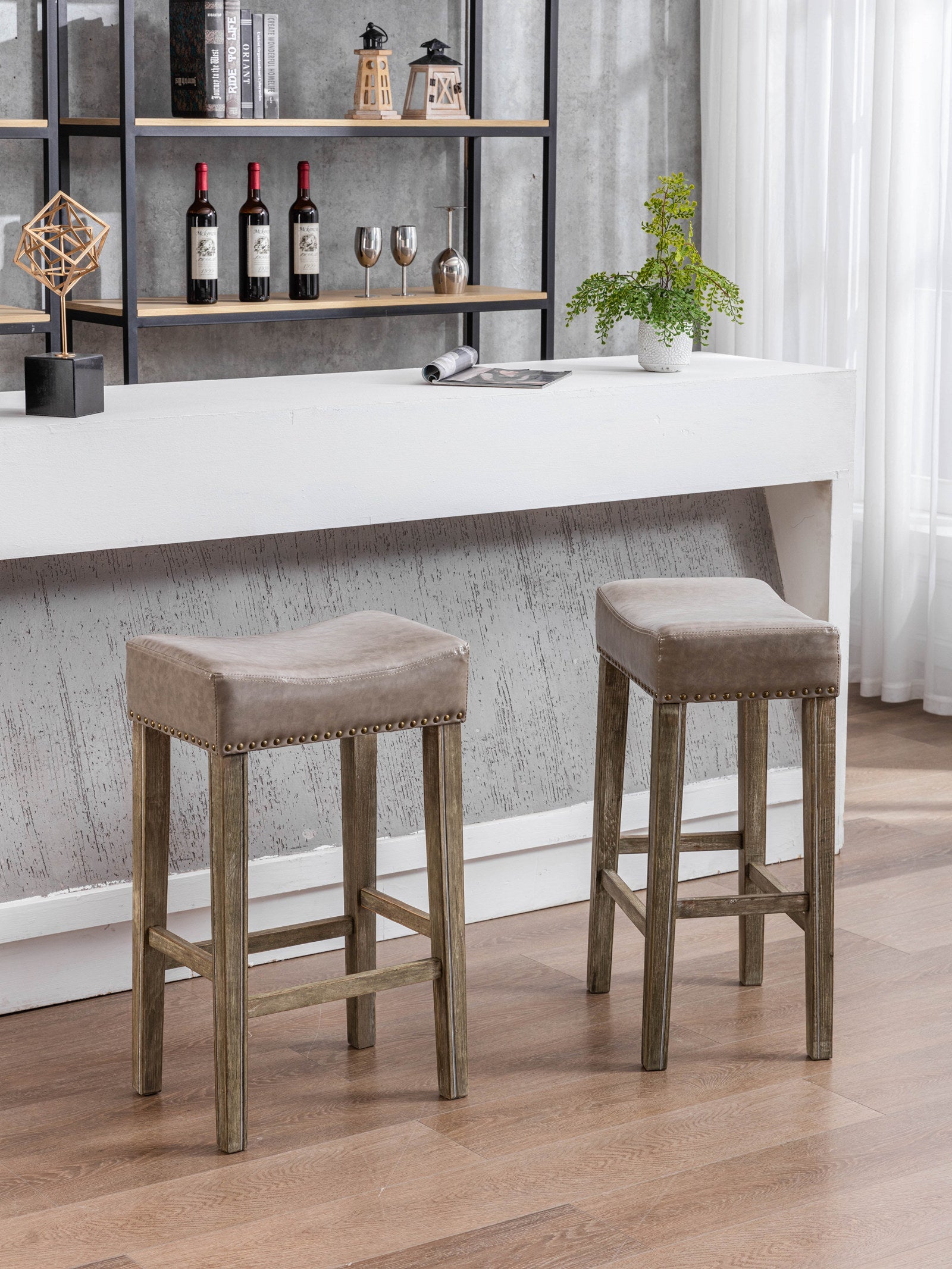 Counter Height 29" Bar Stools for Kitchen Counter Backless Faux Leather Stools Farmhouse Island Chairs (29 Inch Gray Set of 2) - Korvel