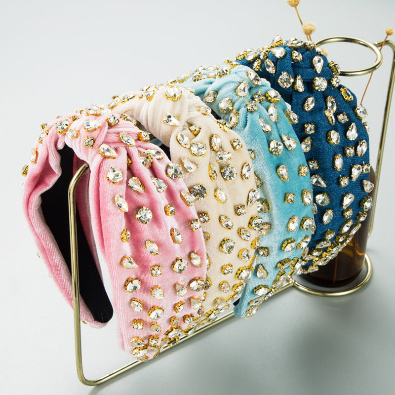 Exaggerated Fashion Hair Bands Female Corduroy Temperament Sweet Hair Ornaments Wide Side Knotted With Diamonds Headband - Korvel