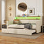 Twin Size Daybed with Trundle, Upholstered Daybed with Charging Station and LED Lights, Beige - Korvel