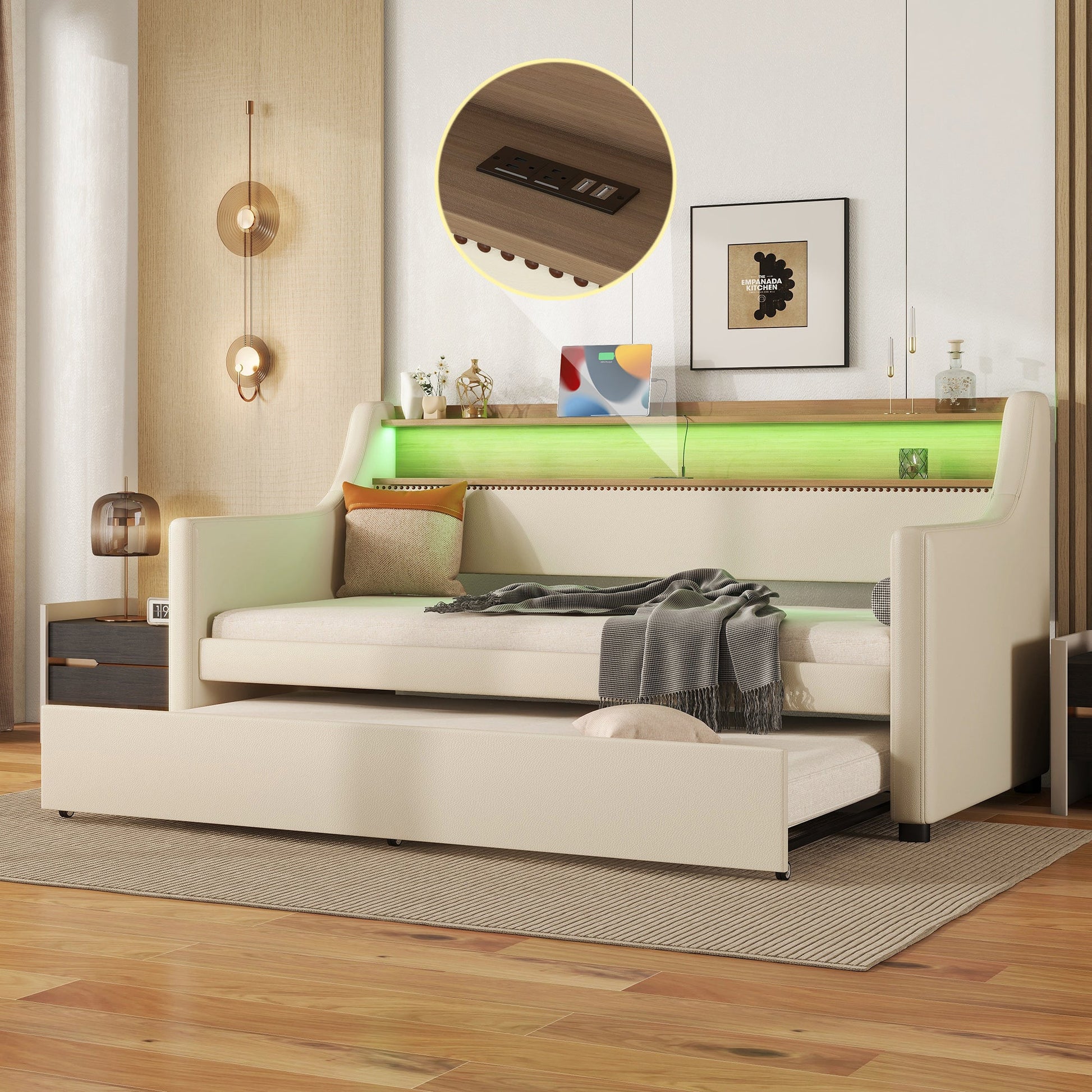 Twin Size Daybed with Trundle, Upholstered Daybed with Charging Station and LED Lights, Beige - Korvel