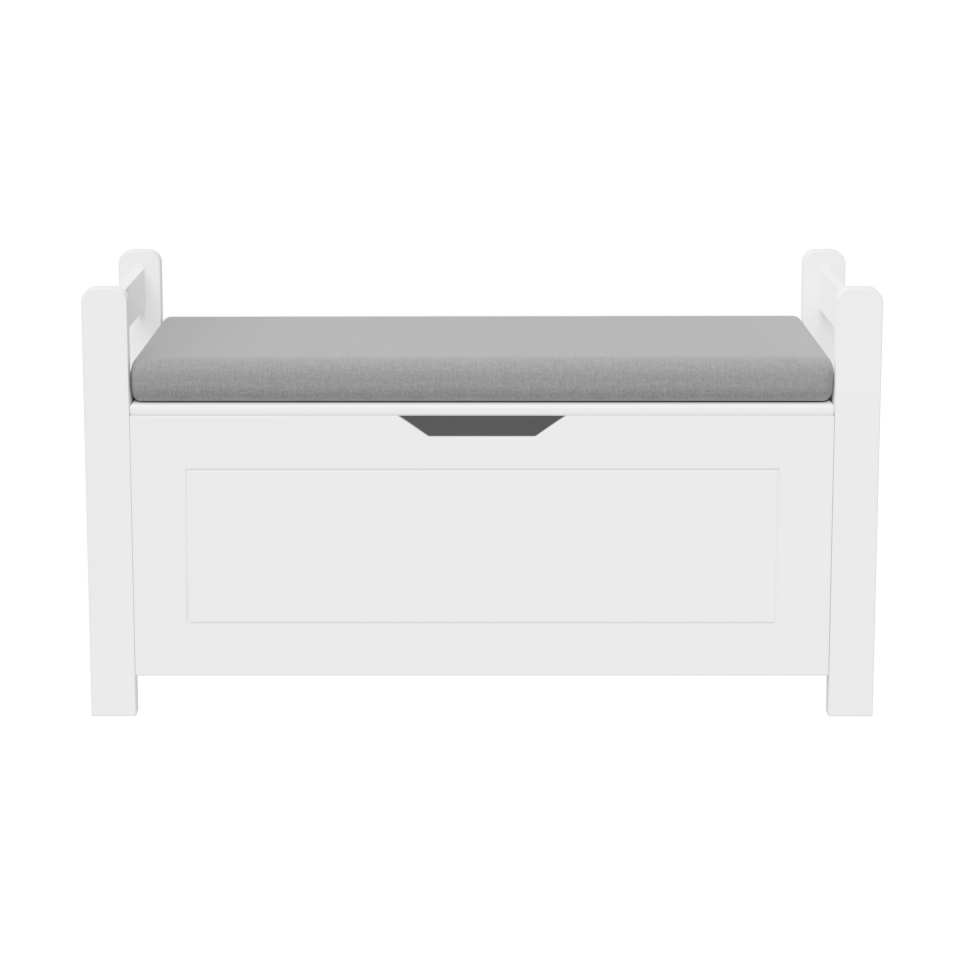 A white rubber wood children's toy box with soft cushioned seats, stools, flip covers, and safety hinges for toy storage - Korvel