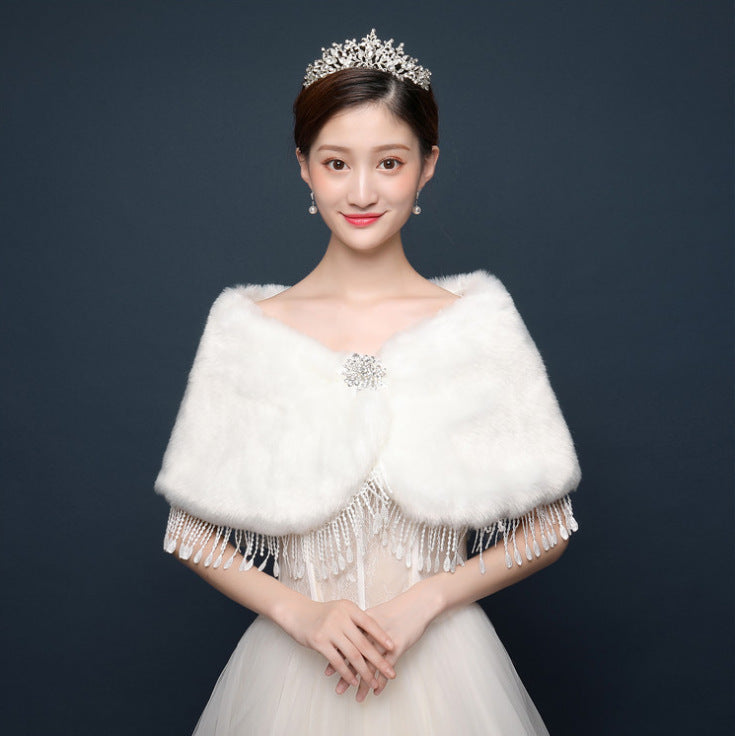 Bride's wedding dress fur shawl women's warm white cloak cheongsam jacket red cloak - Korvel