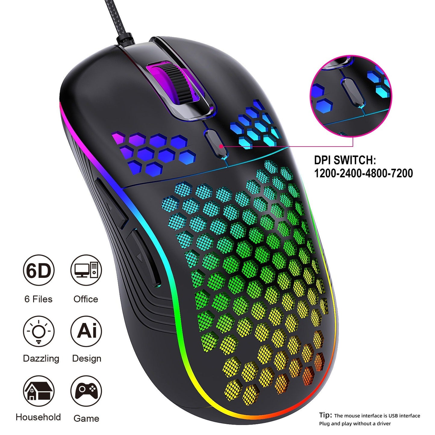 Wired gaming mouse with hollow holes and glowing light lightweight gaming mouse for esports - Korvel