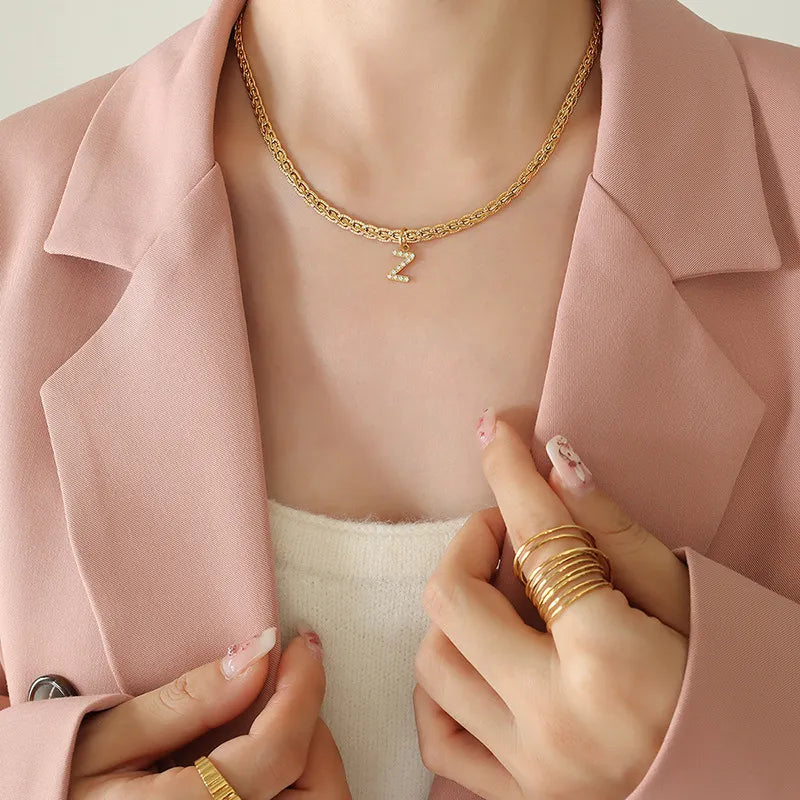 Brass Inlaid Zircon Letter Pendant Necklace - Korvel