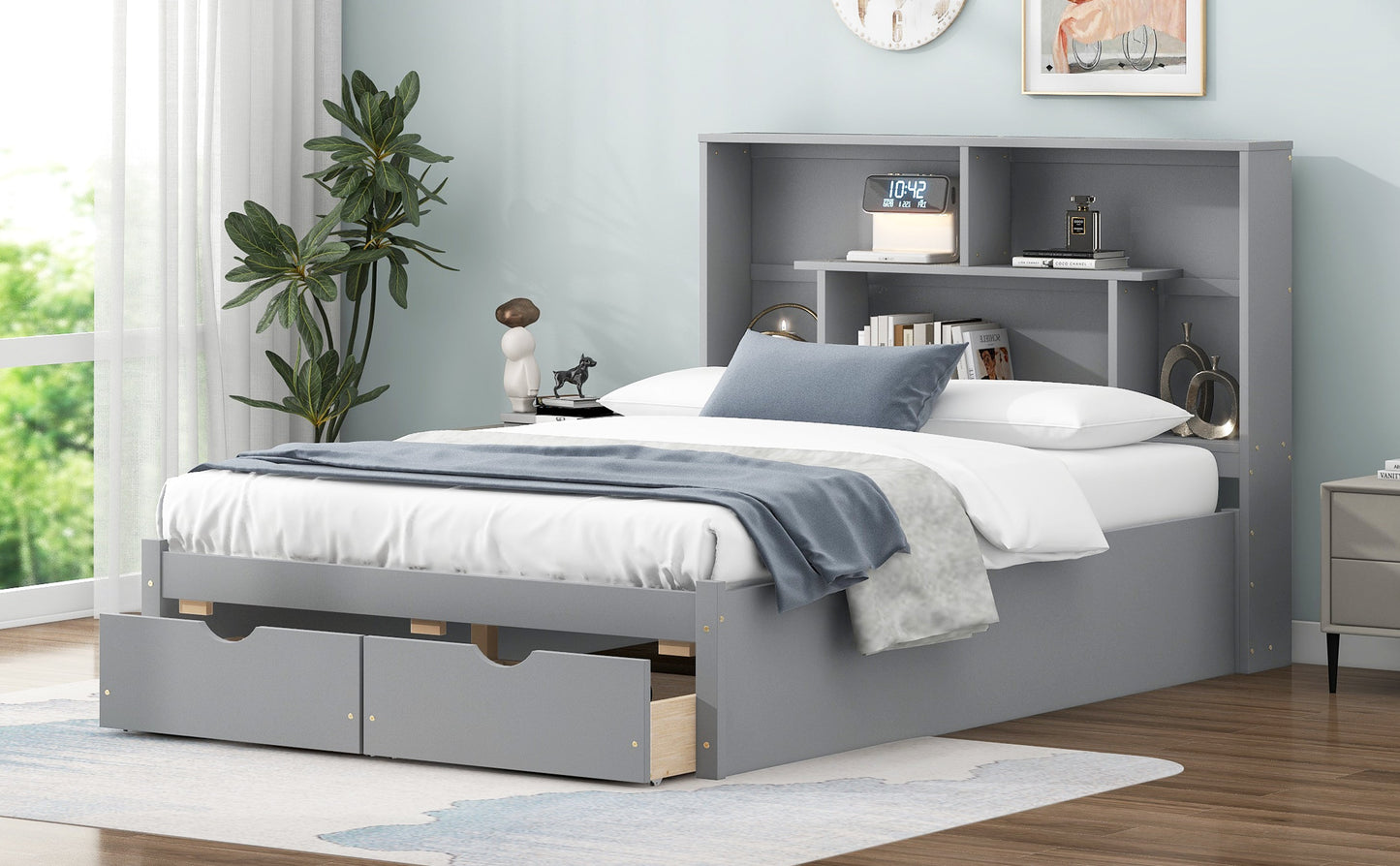 Full Size Platform Bed with Storage Headboard and 2 Drawers, Gray - Korvel