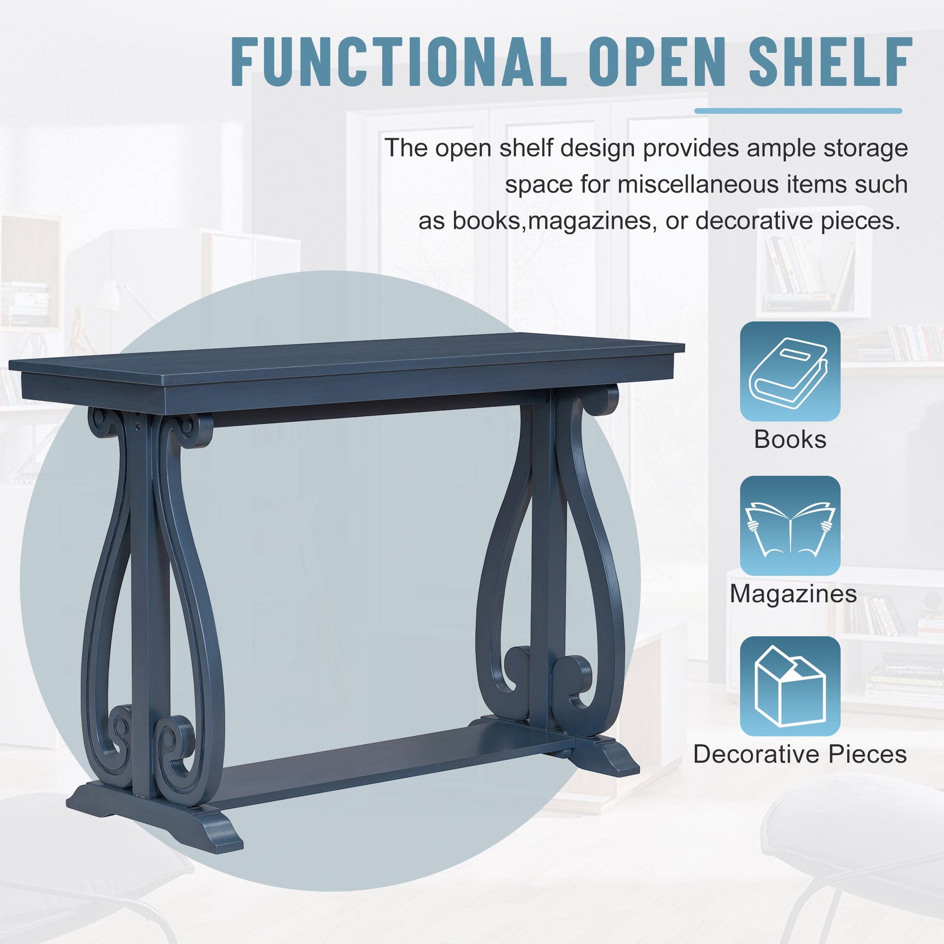 48-Inch Rustic Vintage Console Table --- Farmhouse Style Entryway Table with Open Shelf and Sturdy Construction (Navy) - Korvel