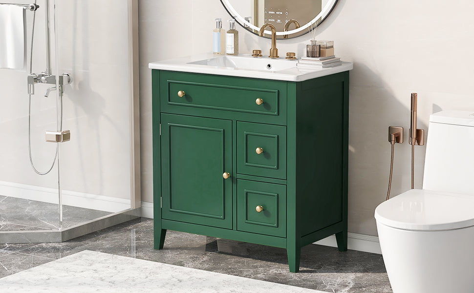 Vanidad de baño verde de 30" con lavabo y almacenamiento