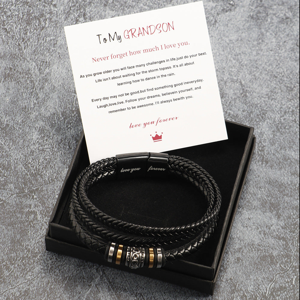 Men's Multi-Layer Woven Bracelet in Stainless Steel and Leather