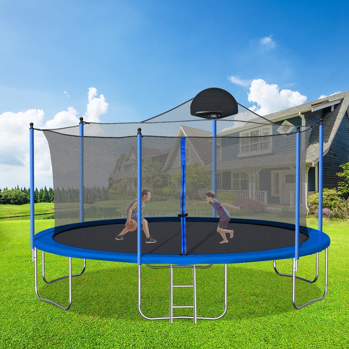 14FT Trampoline for Adults & Kids with Basketball Hoop, Outdoor Trampolines w/Ladder and Safety Enclosure Net for Kids and Adult - Korvel