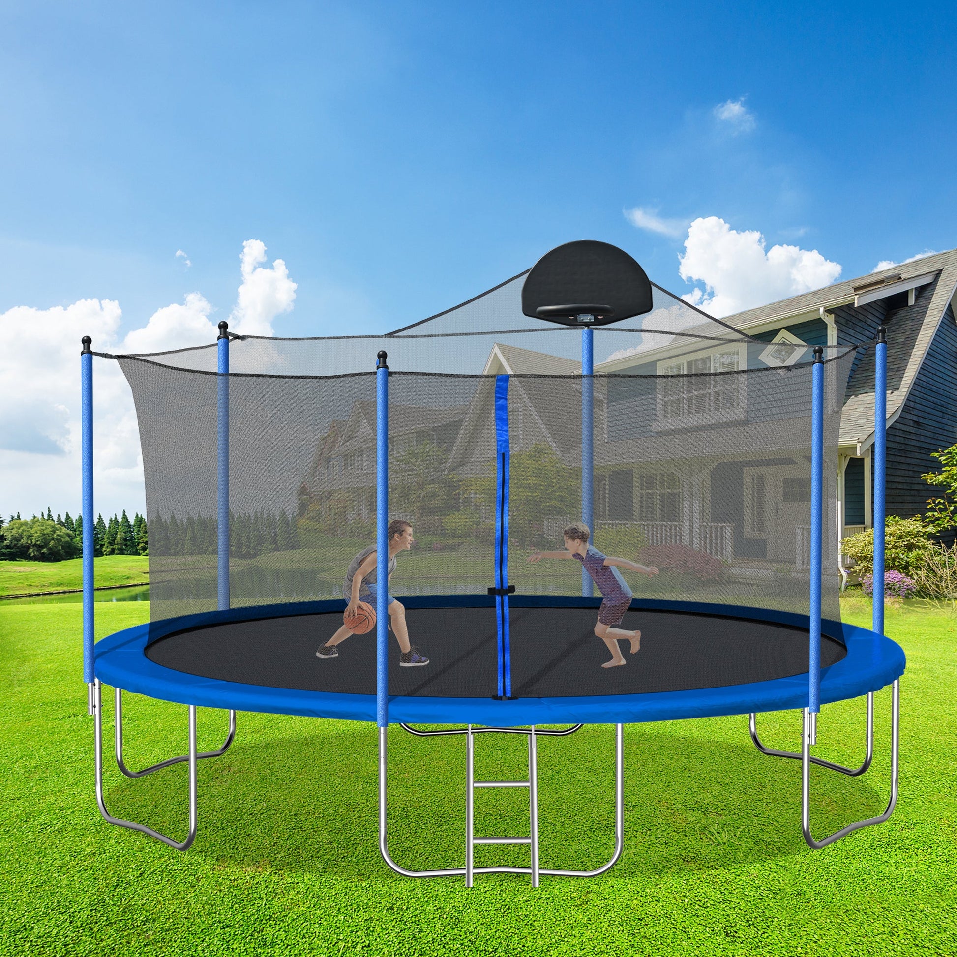 14FT Trampoline for Adults & Kids with Basketball Hoop, Outdoor Trampolines w/Ladder and Safety Enclosure Net for Kids and Adult - Korvel
