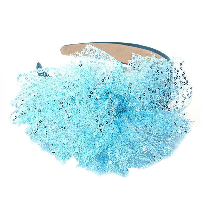 Solid color sequin flower wide edge girl style mesh headband - Korvel