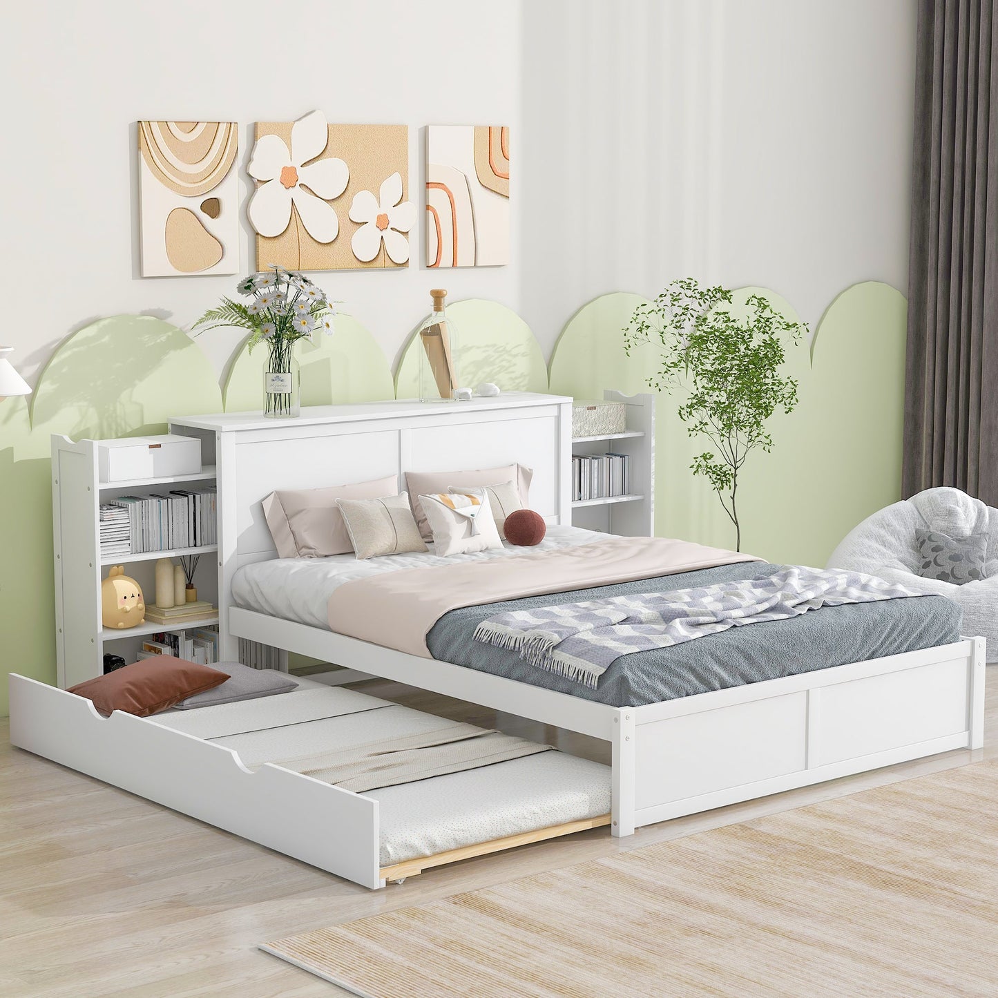 Queen Size Storage Platform Bed with Pull Out Shelves and Twin XL Size Trundle  White - Korvel