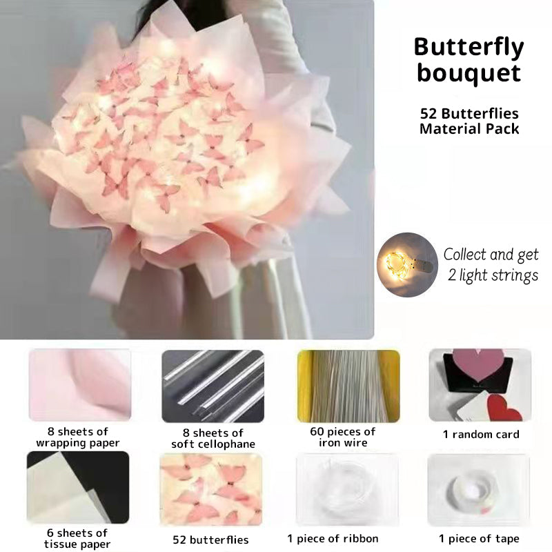 New DIY Butterfly Bouquets Handmade Butterfly Flower Material Package Bouquet with Light String Wedding Decor Gift for Girlfrien - Korvel