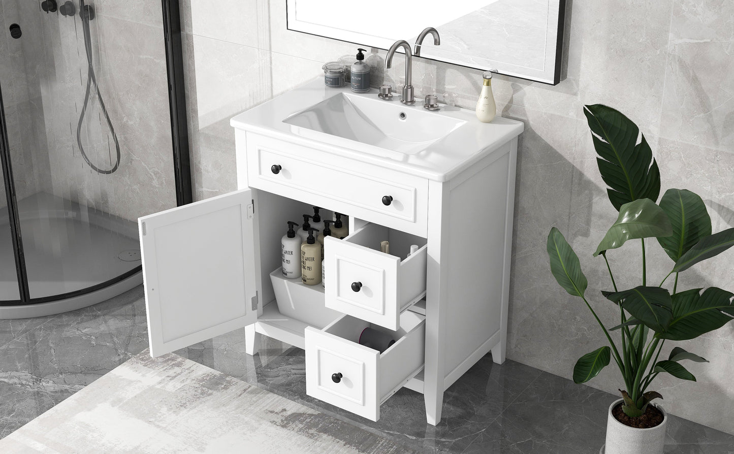 30" Bathroom Vanity with Sink Top, Bathroom Vanity Cabinet with Door and Two Drawers, Solid Wood Frame, One Package, White - Korvel