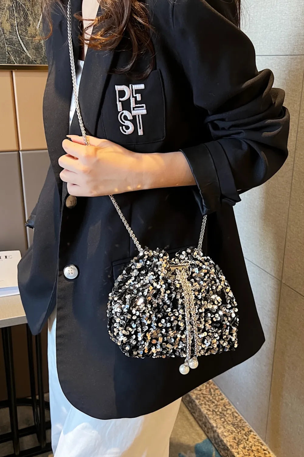 Sequin Chain Drawstring Bucket Bag - Korvel