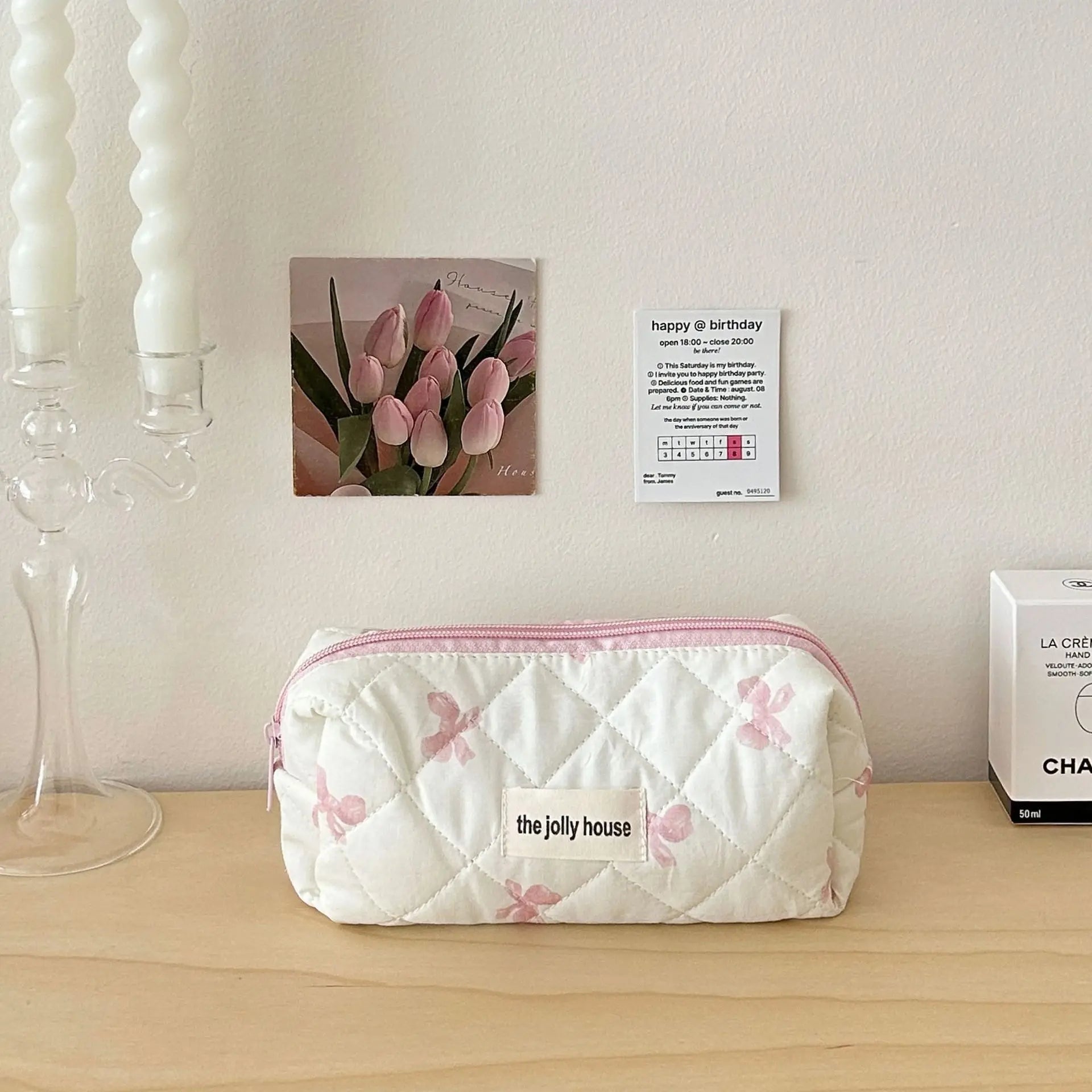 Cute Bow Flower Quilting Cotton Makeup Bag Women Zipper Cosmetic Organizer Female Cloth Handbag Portable Toiletry Case for Girls - Korvel
