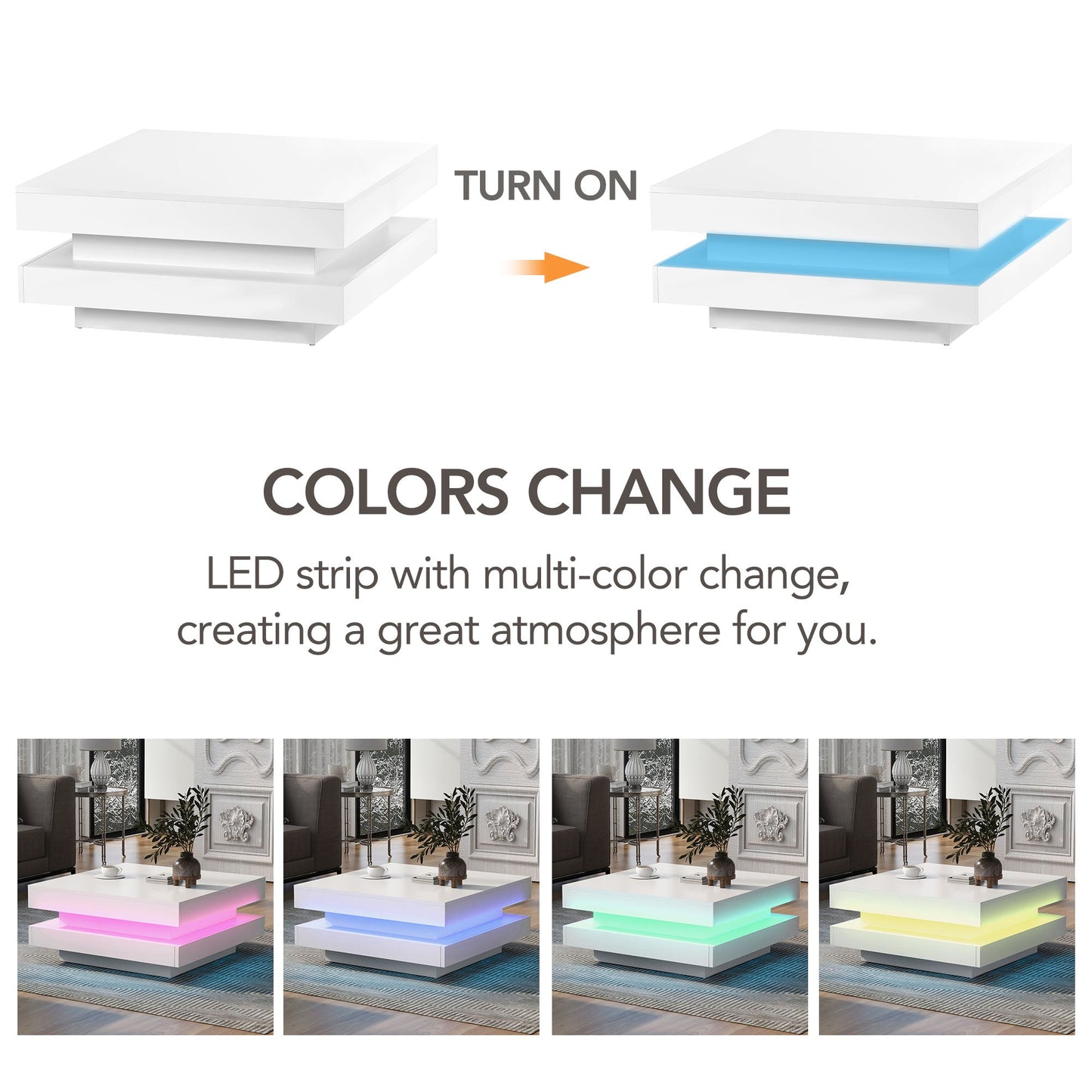 ON-TREND High Gloss Minimalist Design with LED Lights 2-Tier Square Coffee Table White - Korvel