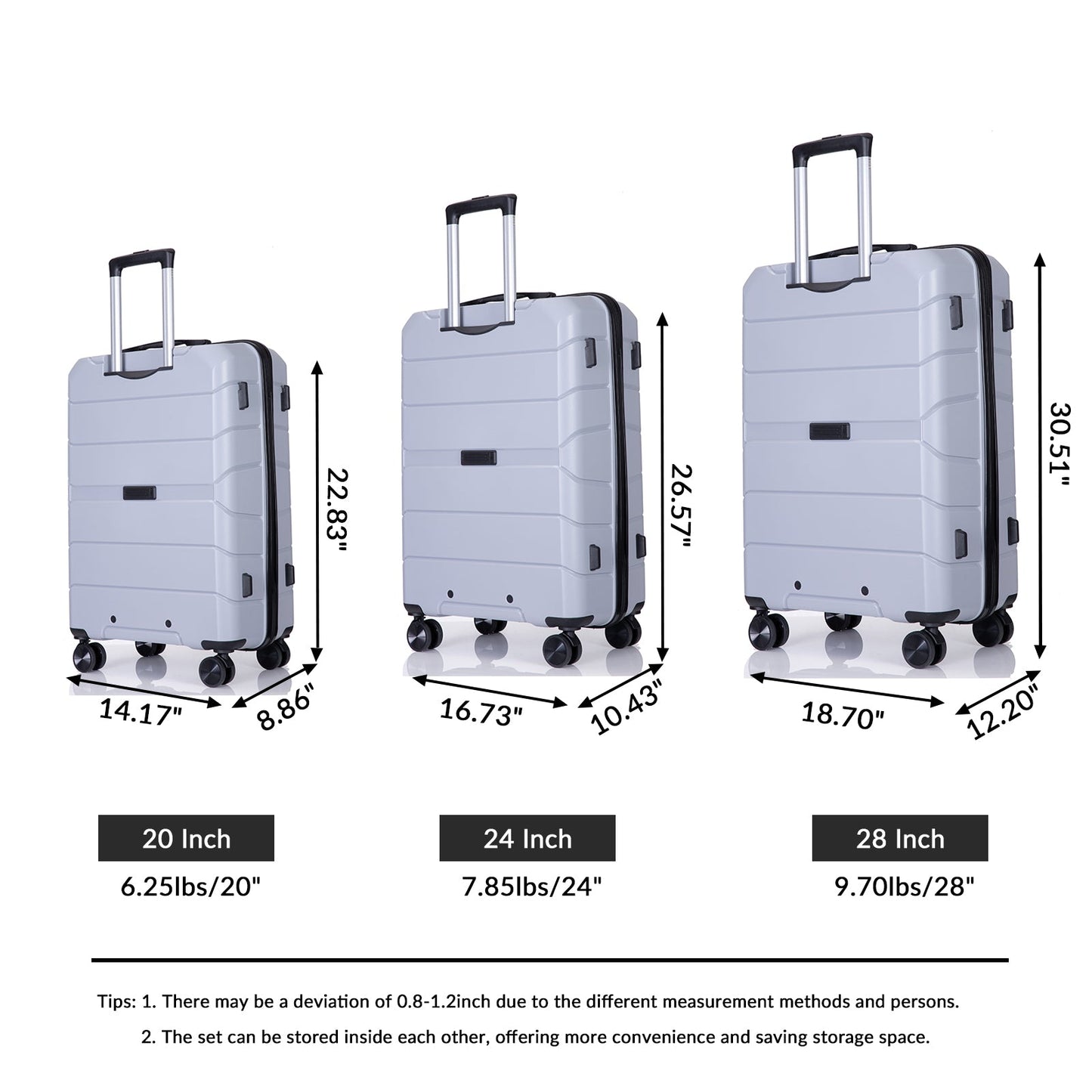 Hardshell Suitcase Spinner Wheels PP Luggage Sets Lightweight Suitcase with TSA Lock,3-Piece Set (20/24/28) ,Silver - Korvel