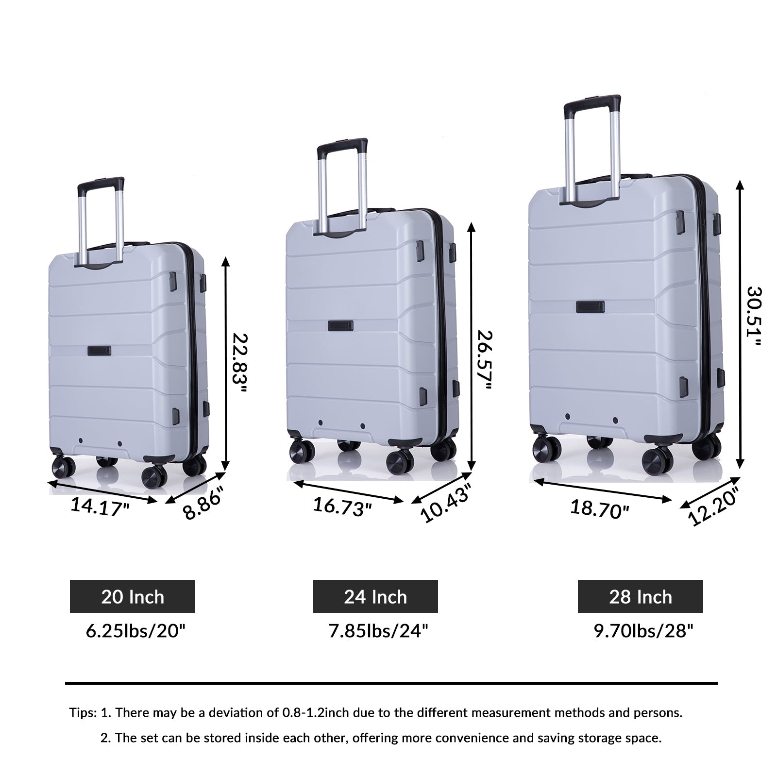 Hardshell Suitcase Spinner Wheels PP Luggage Sets Lightweight Suitcase with TSA Lock,3-Piece Set (20/24/28) ,Silver - Korvel