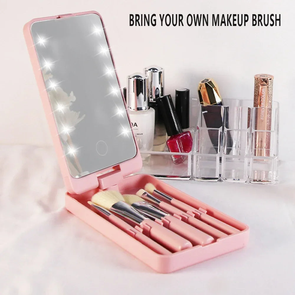 LED Folding Rotating Cosmetic Mirror with Brush Storage