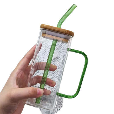 Square colored handle cup glass straw cup with lid milk tea cup with large capacity - Korvel