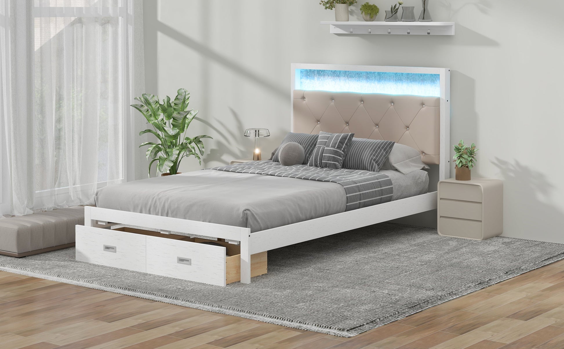 Wood Full Size Platform Bed with Upholstered Headboard and LED and 2 Drawers, Antique White - Korvel