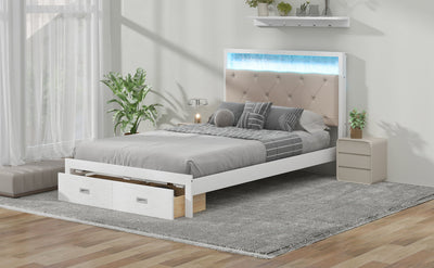 Wood Full Size Platform Bed with Upholstered Headboard and LED and 2 Drawers, Antique White - Korvel