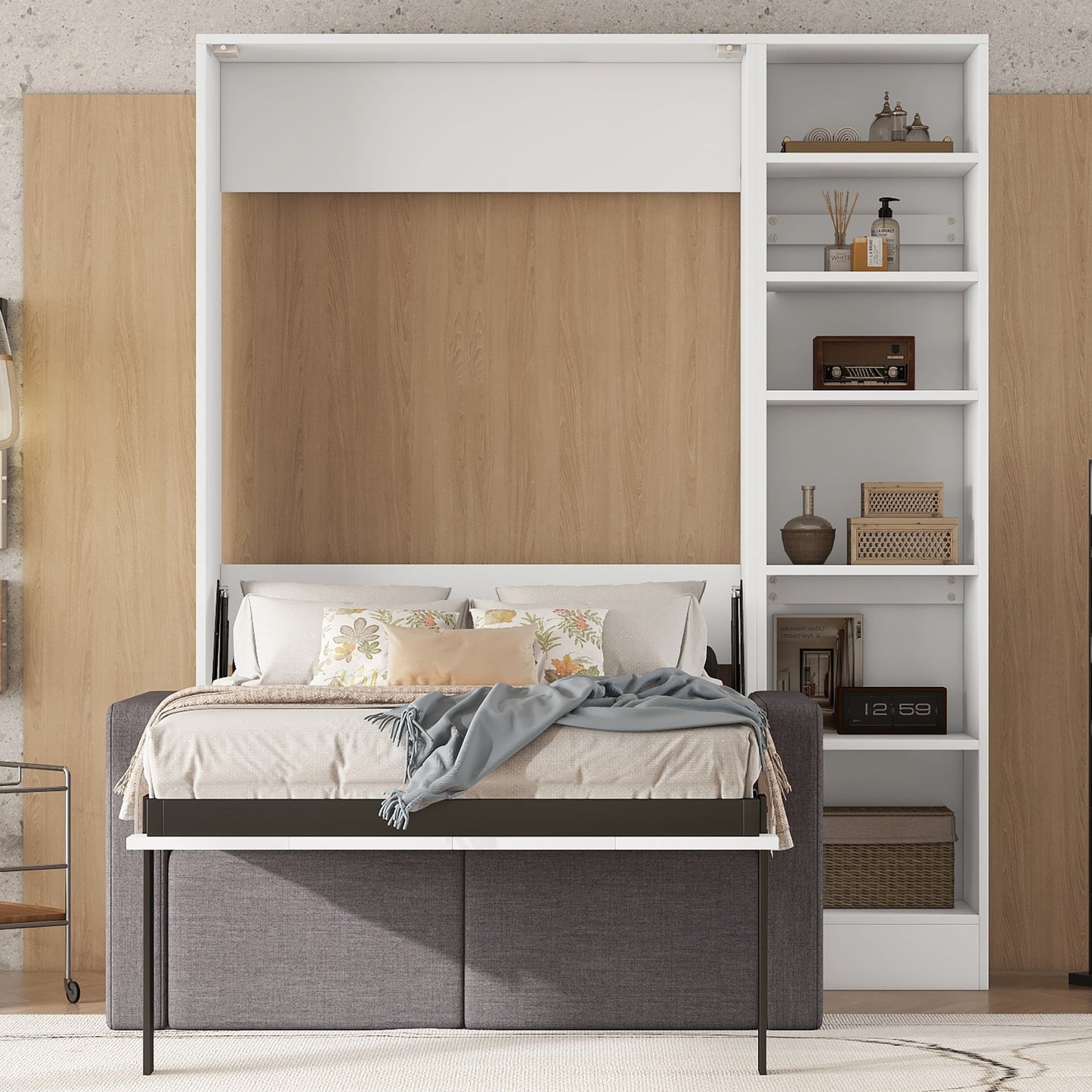 Twin Size Murphy Bed Wall Bed with Sofa and Shelves - White