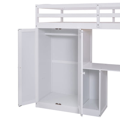 Elegant Twin Size Loft Bed with Wardrobe and Desk in White