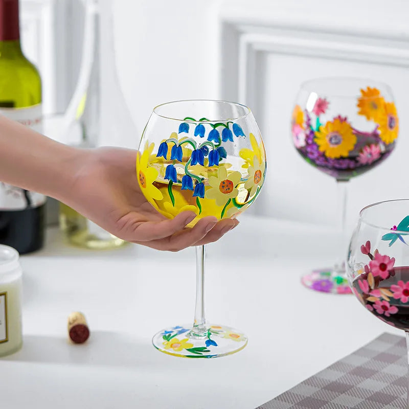 Nordic Colored Glass Wine Glasses Creative Hand-Painted Flowers Wine Glass Household Painted Goblet Crystal Champagne Drinkware - Korvel