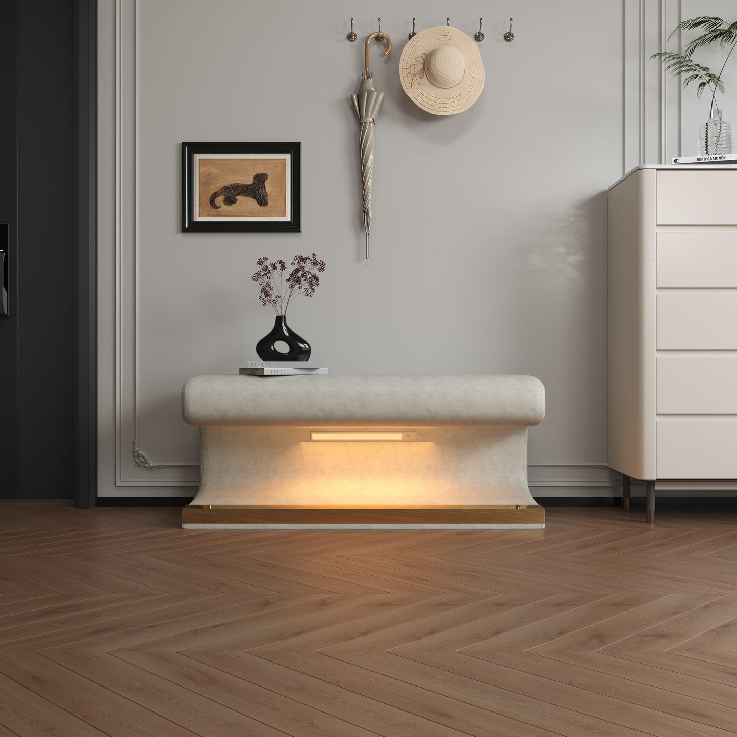 Entryway Bench Leather Upholstered Ottoman with LED sensor light for living room ,bedroom,end of bed ，Beige - Korvel