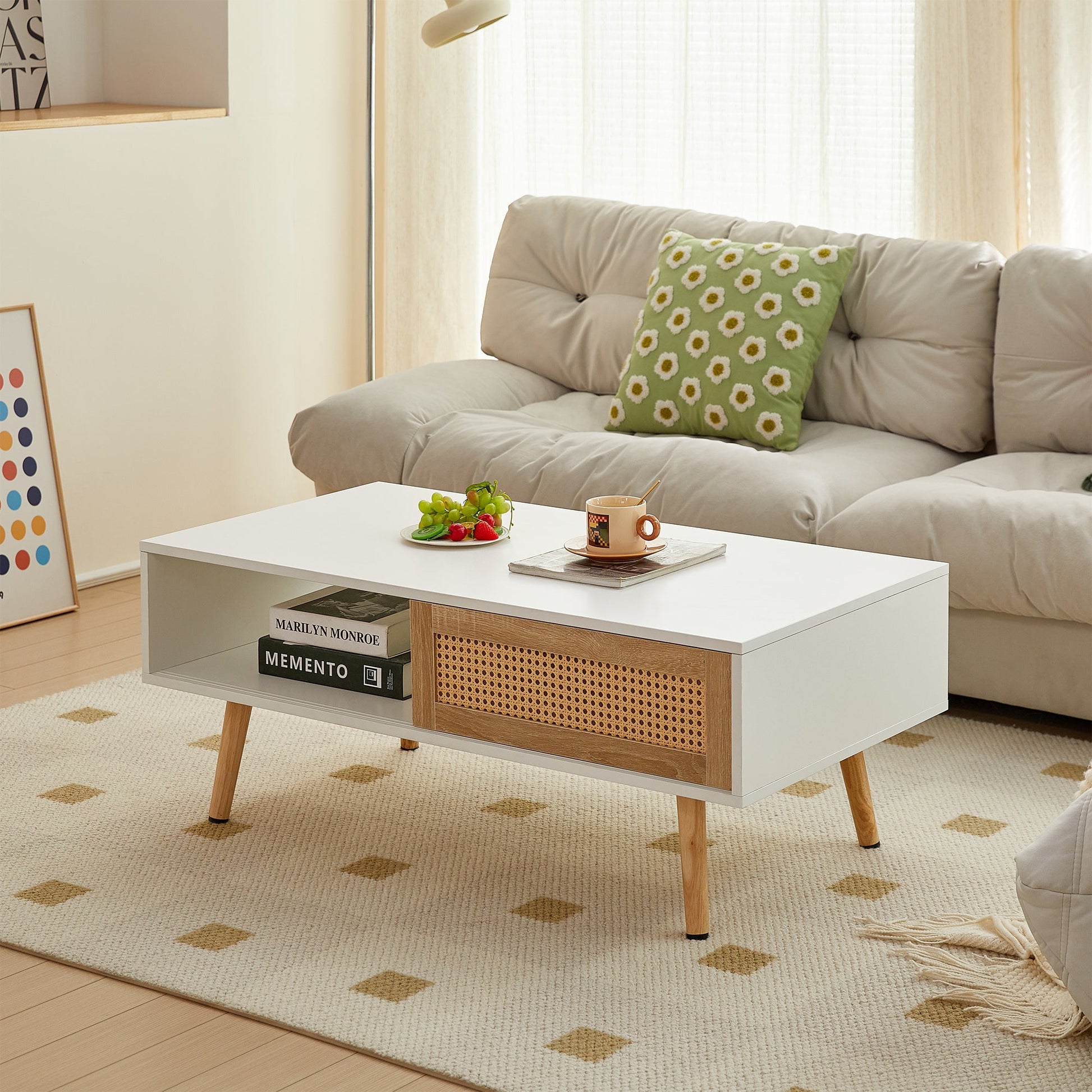 41.34" Rattan Coffee table sliding door for storage solid wood legs White - Korvel