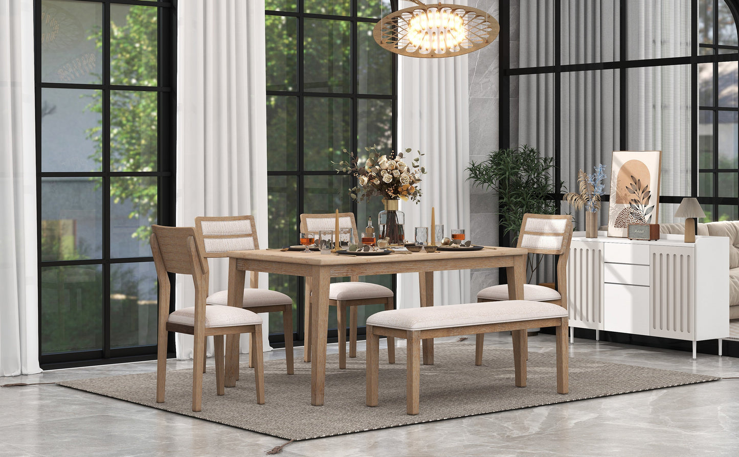 TREXM Classic and Traditional Style 6 - Piece Dining Set, Includes Dining Table, 4 Upholstered Chairs & Bench (Natural Wood Wash） - Korvel