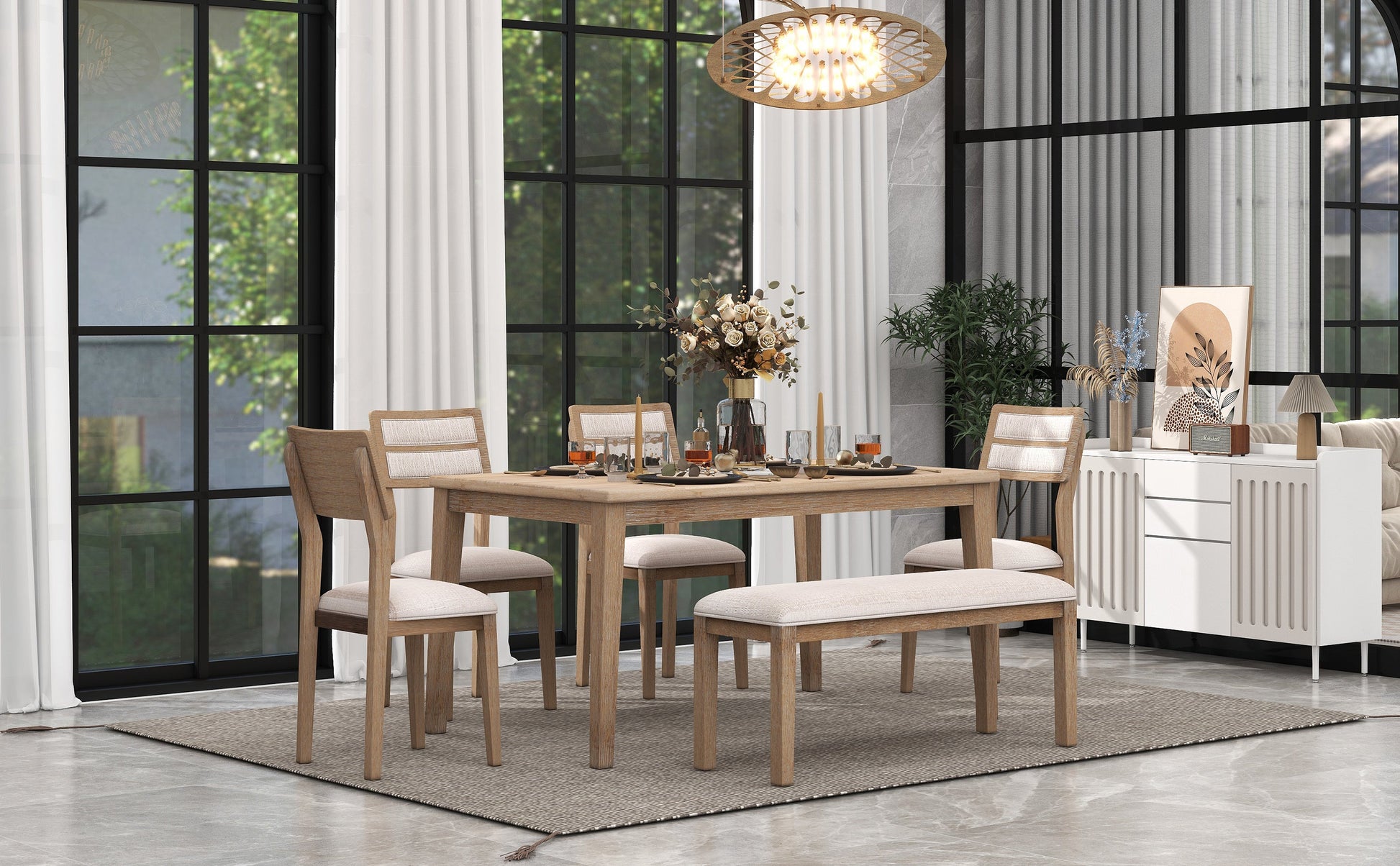 TREXM Classic and Traditional Style 6 - Piece Dining Set, Includes Dining Table, 4 Upholstered Chairs & Bench (Natural Wood Wash） - Korvel